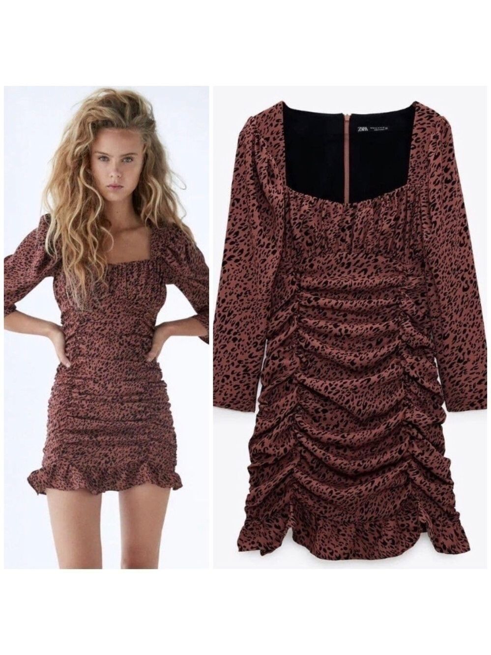 ZARA Leopard Print Mini Dress With Draping in Marsala
